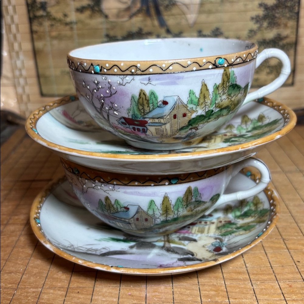 2 Pair Japan Hand Painted Tea Cups Saucers Lady w Basket Walking Along Pathway